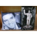 Boxed Leonardo Elvis figure titled G I Blues & similar soft cushion(2)