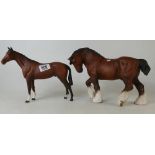 Beswick large Action Shire horse in brown matt 2578 and similar Thoroughbred Stallion 1772(2)