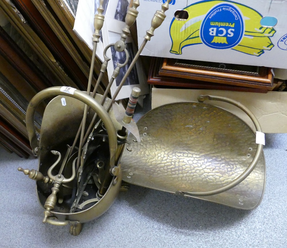 A selection of brass ware to include 2 coal scuttles and fire side tools etc