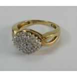 9ct gold ladies multi diamond cluster dress ring. Size P. 4.