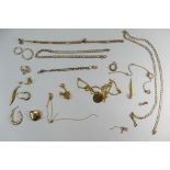 Quantity of broken & misc. 9ct gold and yellow coloured metal jewellery 25.2g.