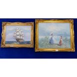 Two Modern Pictures on Canvas of Sailing Ship & Landscape Scene(2)