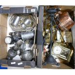 A mixed collection mof metal ware items including carriage clocks, copper kettles,