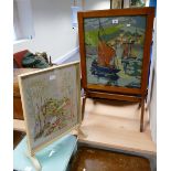 Unusual light oak fire screen that folds down to a side table, with glazed embroidered boat scene,