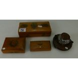 Tunbridge ware ink stand together with Mauchline ware sewing box and two similar items(4)