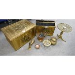 Selection of brass items to include a embossed coal box and matching fire side rack,
