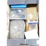 A collection of mixed costume jewellery, boxed Accurist ladies watch, vintage metal tins,