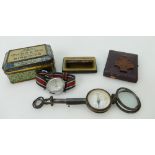 1849 dated brass & mahogany snuff box named William Waring, small biscuit box & watch,