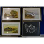 Nathan S Brown three framed watercolours 26cm x 41cm appx, together with a print.