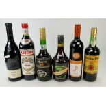 Six bottles of Spirits to include Vermouth Martini, Peach Liqueur,