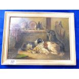 Unsigned gilt framed oil on board paintings of dogs in scullery