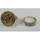 9ct gold ring set baguette & small round diamonds, 2.