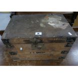 Pitch pine metal bound chest/travel trunk with a candle stick box