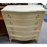 French style white serpentine fronted chest of 5 drawers with a glass top