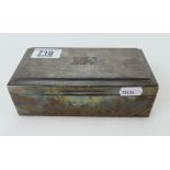 Silver cigarette box, lead loaded base, engraved dedications.