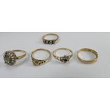 Five x 9ct gold gem set rings. 9.1g.