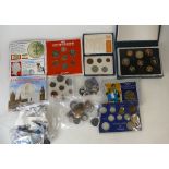 Group of coins including £5 UK coins, 1986 & other unc. coin sets & coins, crowns etc.