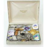 Silver Albert chain with medal and coin, 40 grams, collection of 1960s enameled Butlins badges,