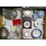 A collection of items include Wedgwood jasper ware, Engraved Victorian decanters,