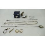 Group of silver items including heavy silver neck chain 31g a/f, ingot, pr earrings,