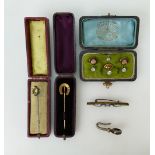 Small group of jewellery including cased gold stock / stick pin along with another pin,