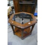 20th Century oak and mahogany hectagonal glass topped side/coffee table
