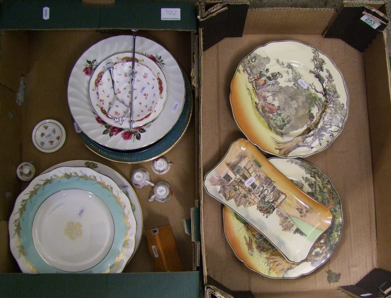 A mixed collection of china plates, cake stand, miniature cups & saucers together with Royal Doulton