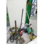 A mixed collection of DIY tools including strimmer, garden blower, hedge trimmer, press drill,