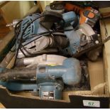 A mixed collection of used power tools to include drills,n circular saws, air nail guns, plainers