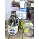 A mixed collection of Electrical items including 110v box , Spray Bee compressor, Makita power