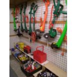 A quantity of untested strimmers to include Qualcast, caution tape, electrical tape, screwdrivers,