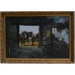 Alan King of Malvern 'Akin' oil painting on board depicting blacksmith and plough horses.