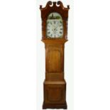 Early 19th Century oak long case clock, with painted arched dial,