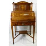 Edwardian rosewood inlaid bonheur de jour cylinder topped desk with pull out writing slide,