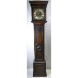 1920's dark oak grandfather eight day clock with silvered and brass dial.