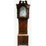 19th century longcase grandfather clock. Mahogany case with painted arch dial and rolling moon.