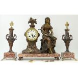 Victorian garniture clock set including lady playing flute (38cm height)