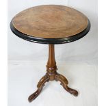 Victorian walnut and amboyna tripod occasional table with an ebonised rim and a faded leaf and