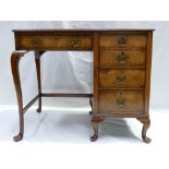 Victorian walnut and burr walnut knee hole leather topped desk (90cm width x 52cm depth x 73cm