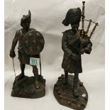 Bronzed resin Genesis Fine Art figures of Highland Warrior and later piper(2)