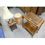 Small selection of furniture to include, oak tea trolley with serving tray, wicker basket,