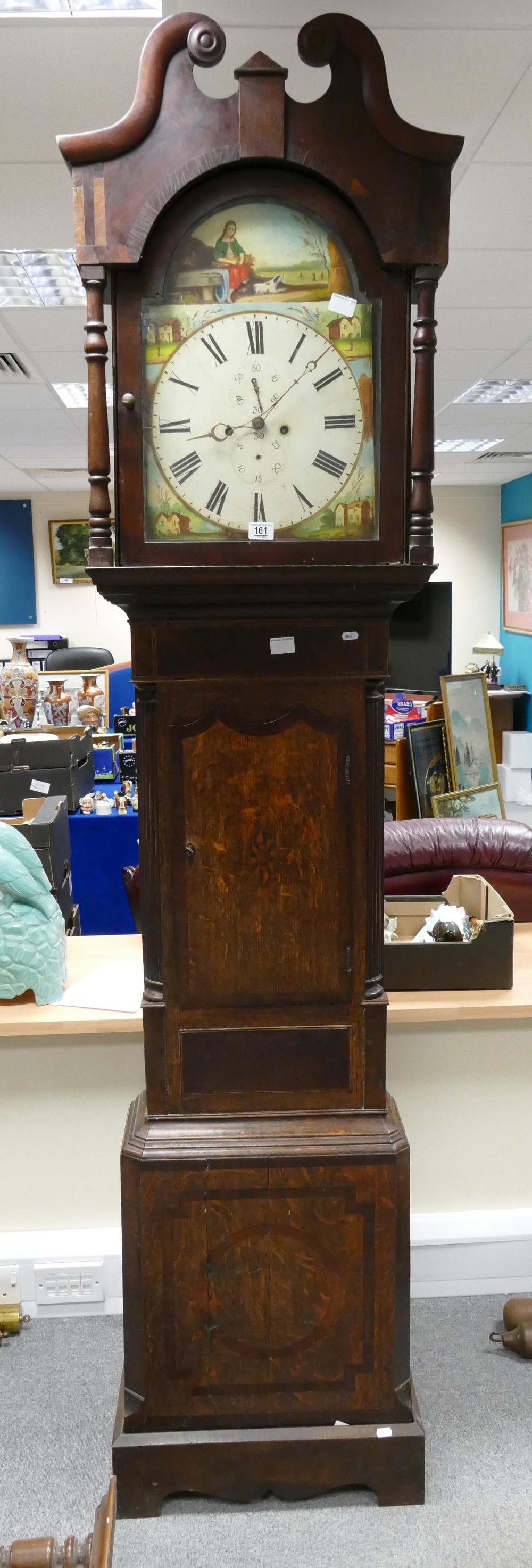 19th Century oak and mahogany inlaid Grandfather clock with painted arched dial