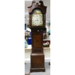 19th Century oak and mahogany inlaid Grandfather clock with painted arched dial