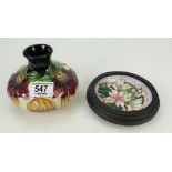Moorcroft squat vase decorated with flowers dated 1998 (graded) and small dish in frame (seconds)