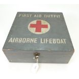 WWII 'airborne lifeboat first aid outfit' box measuring 30cm x 30cm x 11.5cm high.