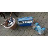 Selection of tools to include a Wolf double bared sander, vintage blue tool box with tools,