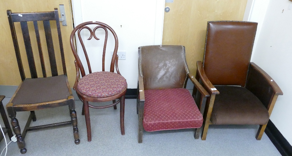 A selection of 4 20th century chairs to include a 1930s leather back manual reclining arm chair and