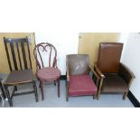 A selection of 4 20th century chairs to include a 1930s leather back manual reclining arm chair and