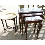 mahogany queen Anne nest of tables with glass tops and fold away bras topped table :(2)