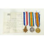 WWI trio of medals - Killed in action - 13354 Pte. T Ashley N. Staffs Regt.